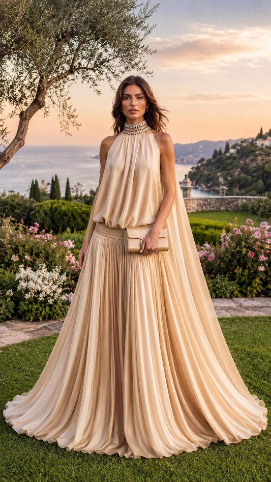 Front view of champagne halter evening gown with jeweled high neckline and flowing pleated skirt