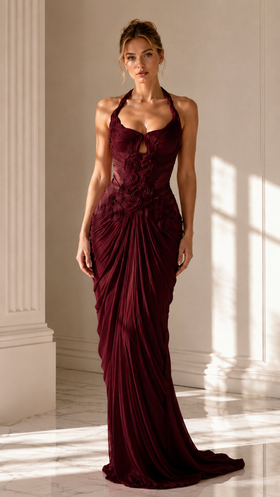 Front view of burgundy halter neck ruched mermaid evening gown
