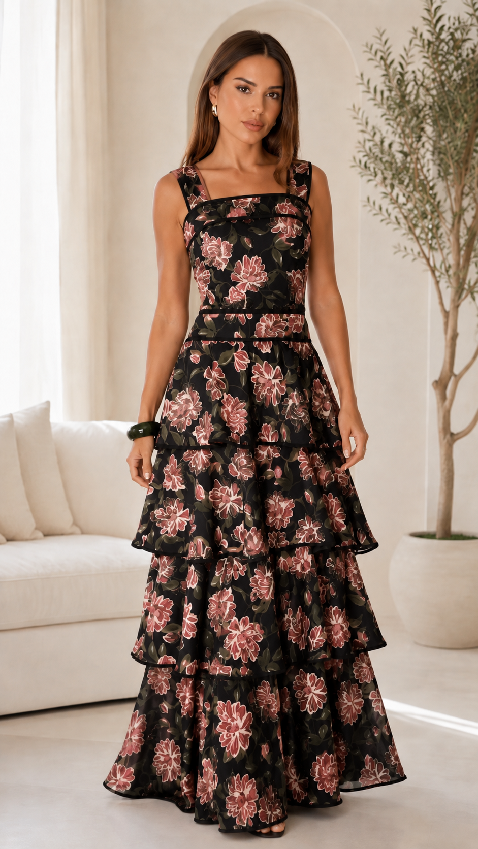Front view of black floral square neck tiered maxi dress