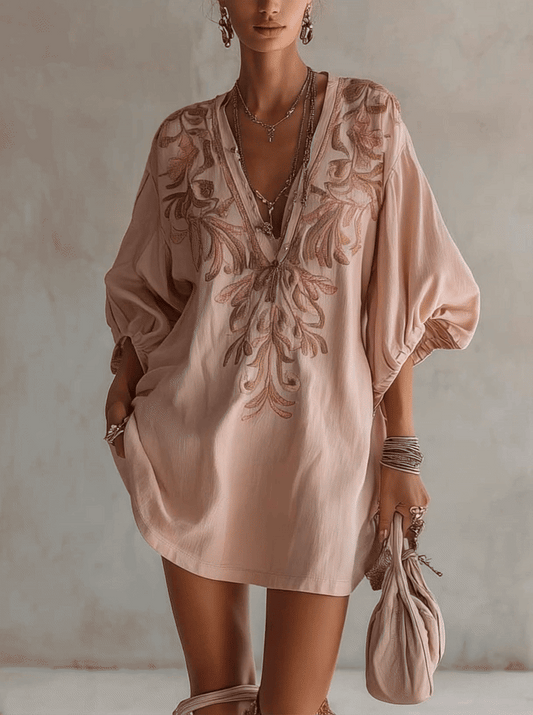Pink Cotton Linen Mini Dress With Vintage Floral Embroidery