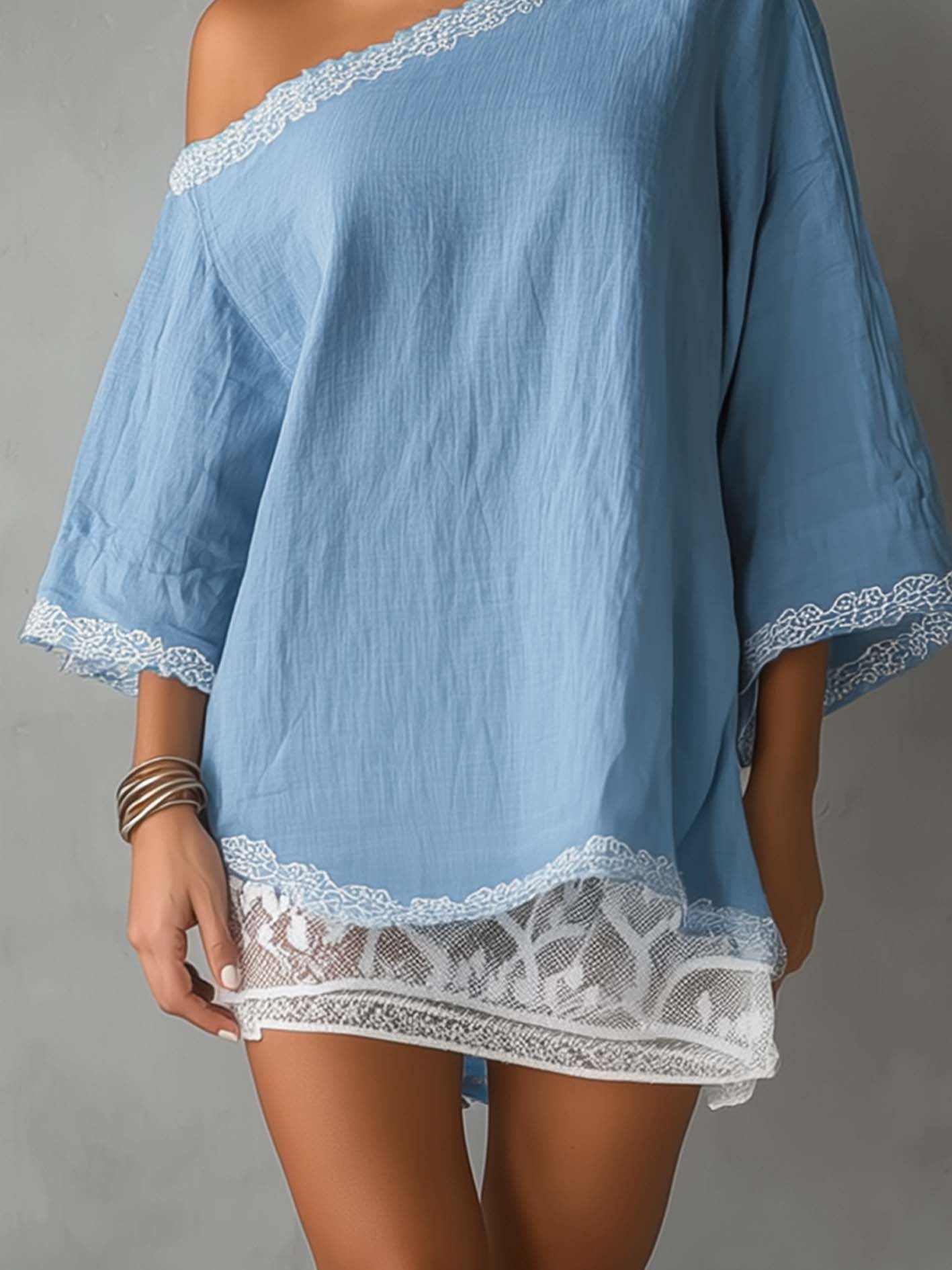 One Shoulder Light Blue Cotton Linen Mini Dress With White Lace