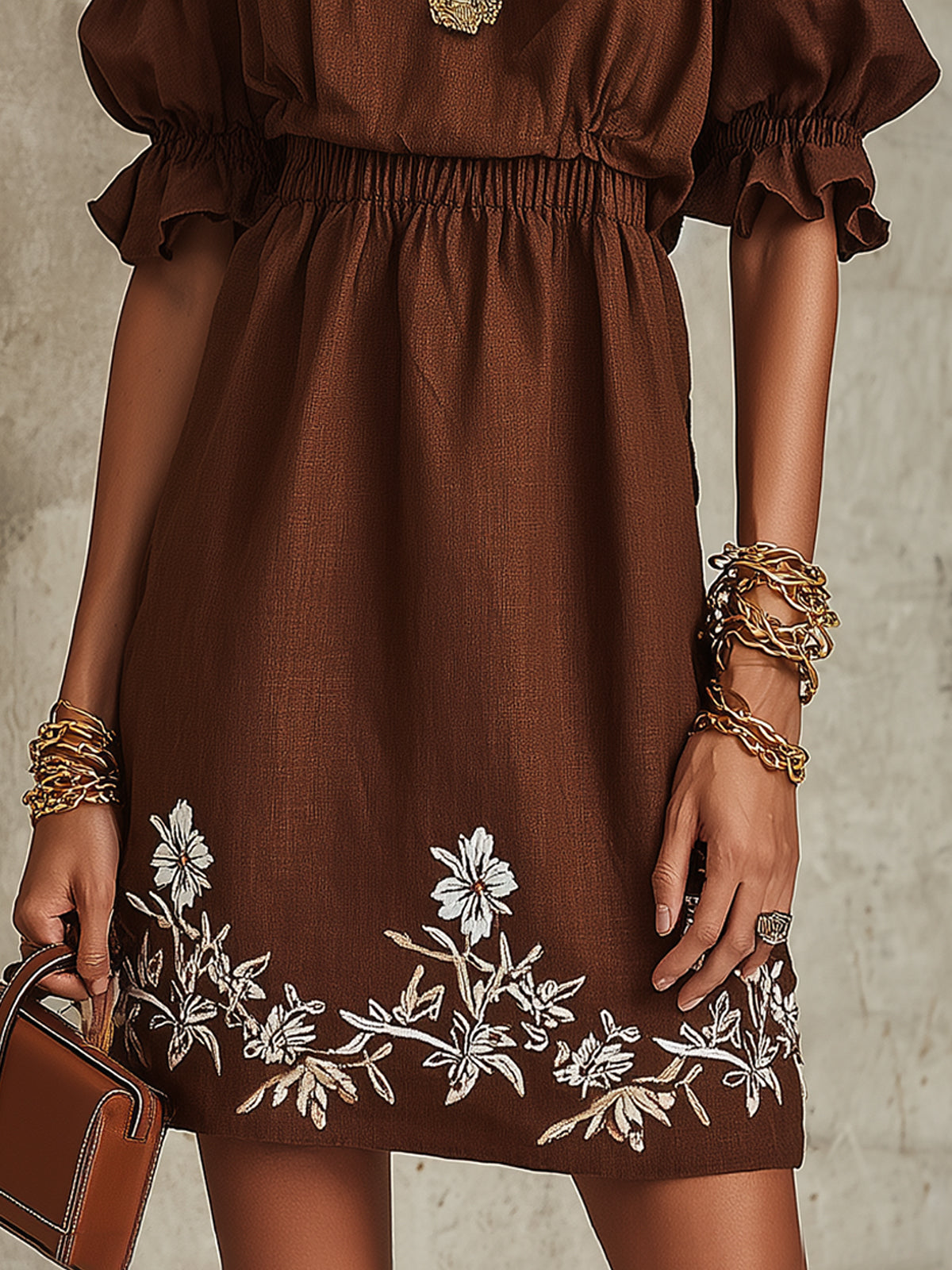 Off-Shoulder Brown Embroidered Mini Dress With Puff Sleeves