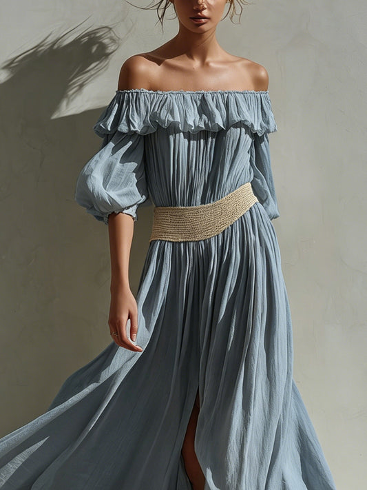 Blue Off Shoulder Cotton Blend Maxi Dress