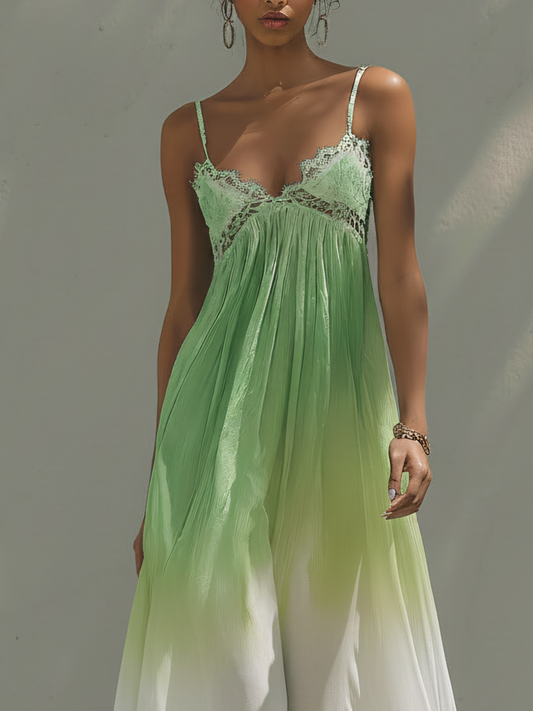 Gradient Green Chiffon Maxi Dress With Lace Trim