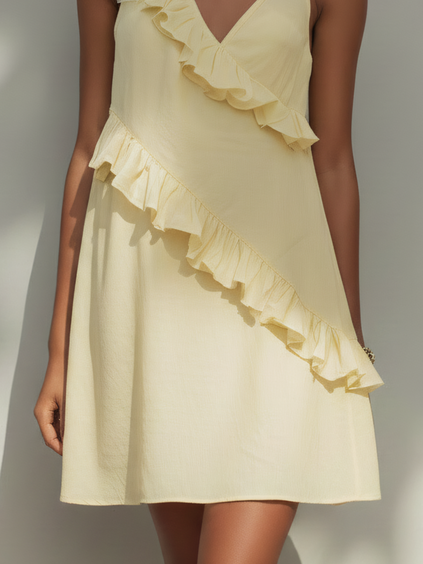 Light Yellow Cotton Linen Ruffled Mini Dress With 3D Flower Detail