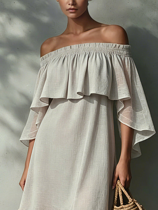 Light Gray Linen Mini Dress With Pink Tassels