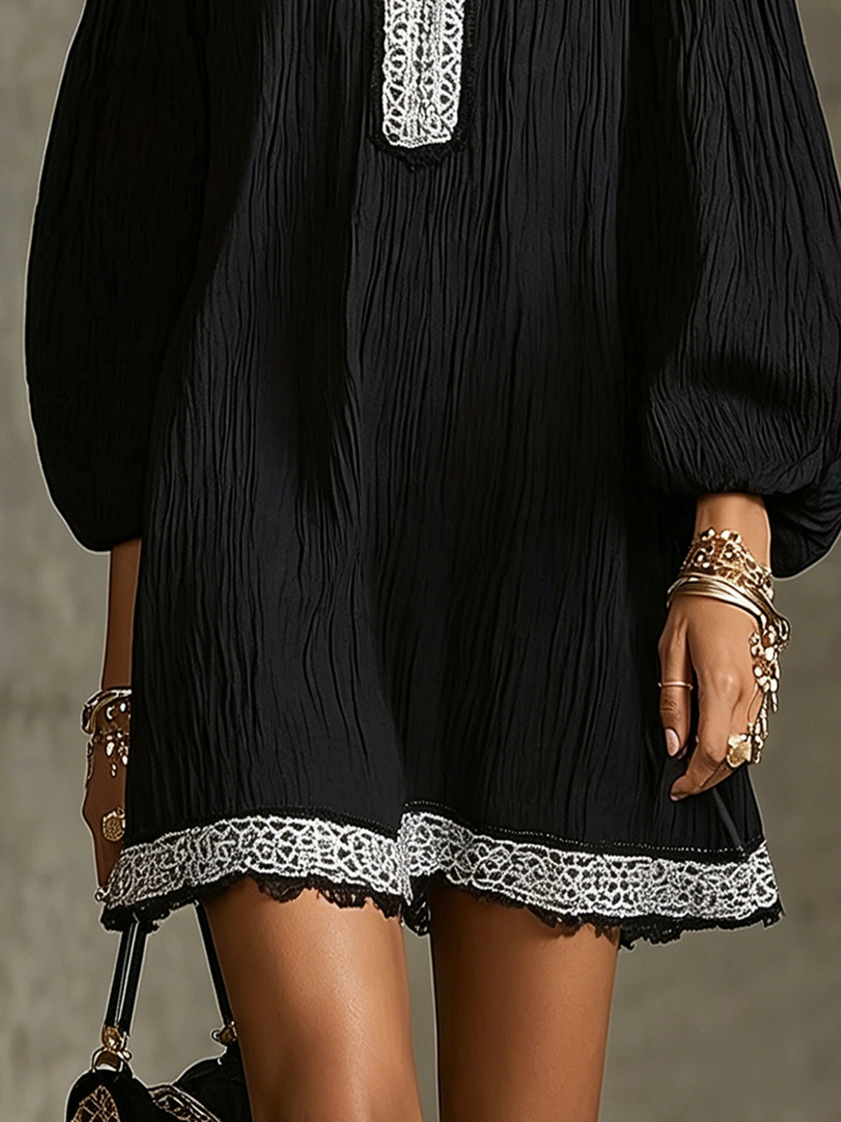 Black Off-Shoulder Mini Dress With Lace Trim And Puff Sleeves