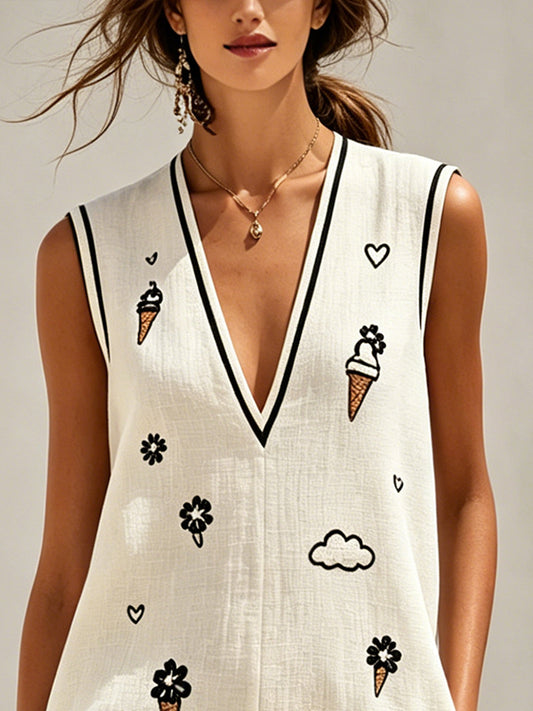 White Deep V-Neck Sleeveless Mini Dress with Embroidered