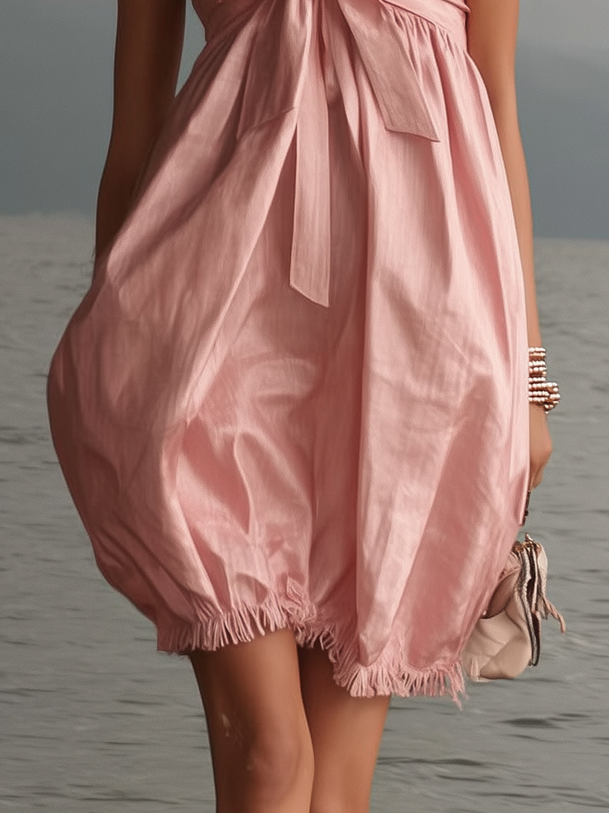 Pink Bow Front Bubble Mini Dress With Ruched Hem