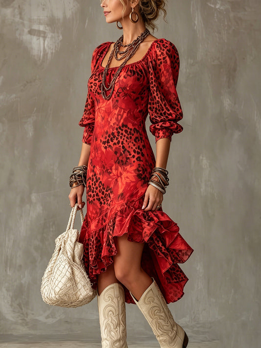 Red Floral And Leopard Print Puff Sleeve Ruffle Hem Midi Dress