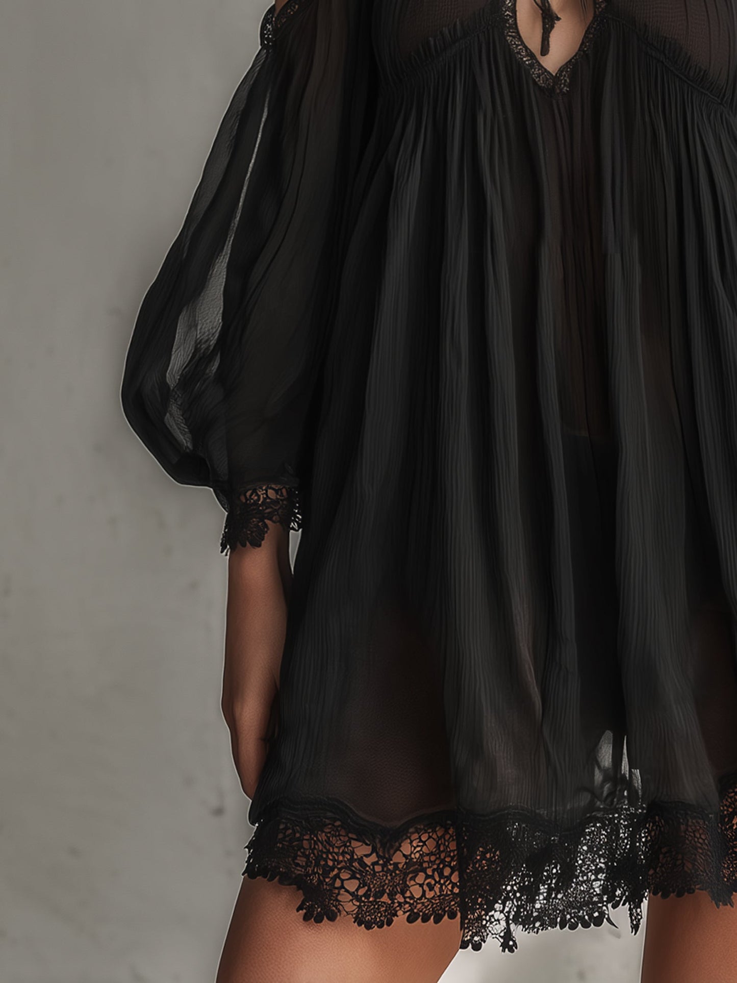 Romantic Black Chiffon Embroidered Mini Dress