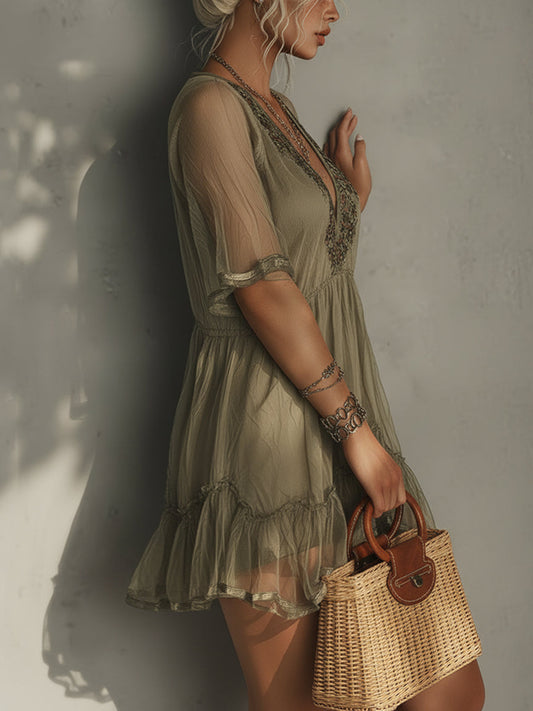 Green Ruched Chiffon Embroidery Mini Dress
