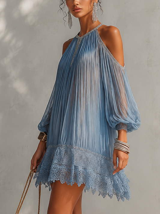 Sky Blue Sparkle Trim Lace Cold Shoulder Pleated Mini Dress