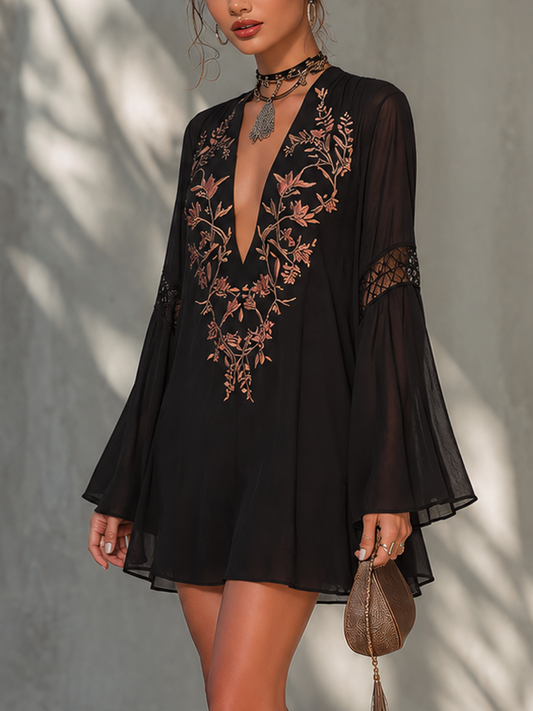 Black Vintage Embroidered Lace Chiffon Mini Dress