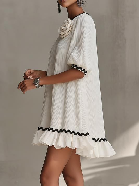 White Textured Mini Dress With Ribbon Trim And 3D Floral Detail