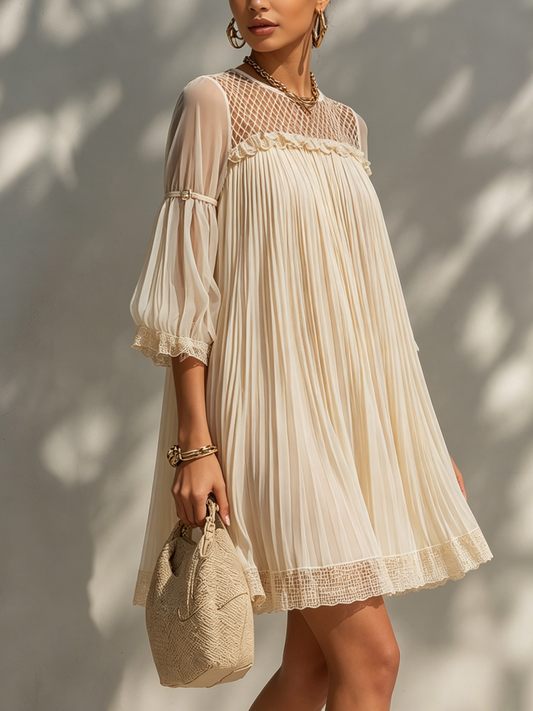 Beige Chiffon Pleated Mesh Mini Dress