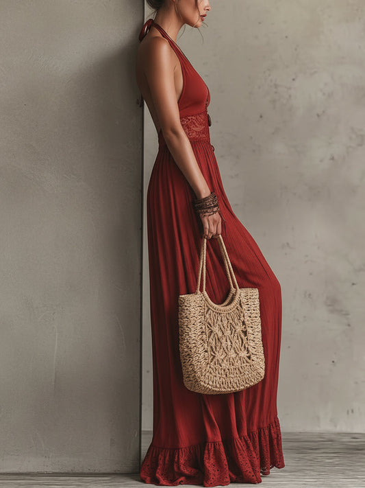 Retro Red Chiffon And Lace Sleeveless Maxi Dress