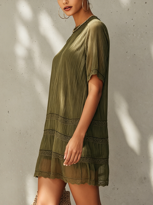 Olive Green Chiffon Lace Panel Mini Dress