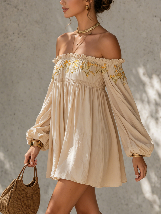 Beige Off Shoulder Floral Embroidered Ruffled Cotton Linen Mini Dress