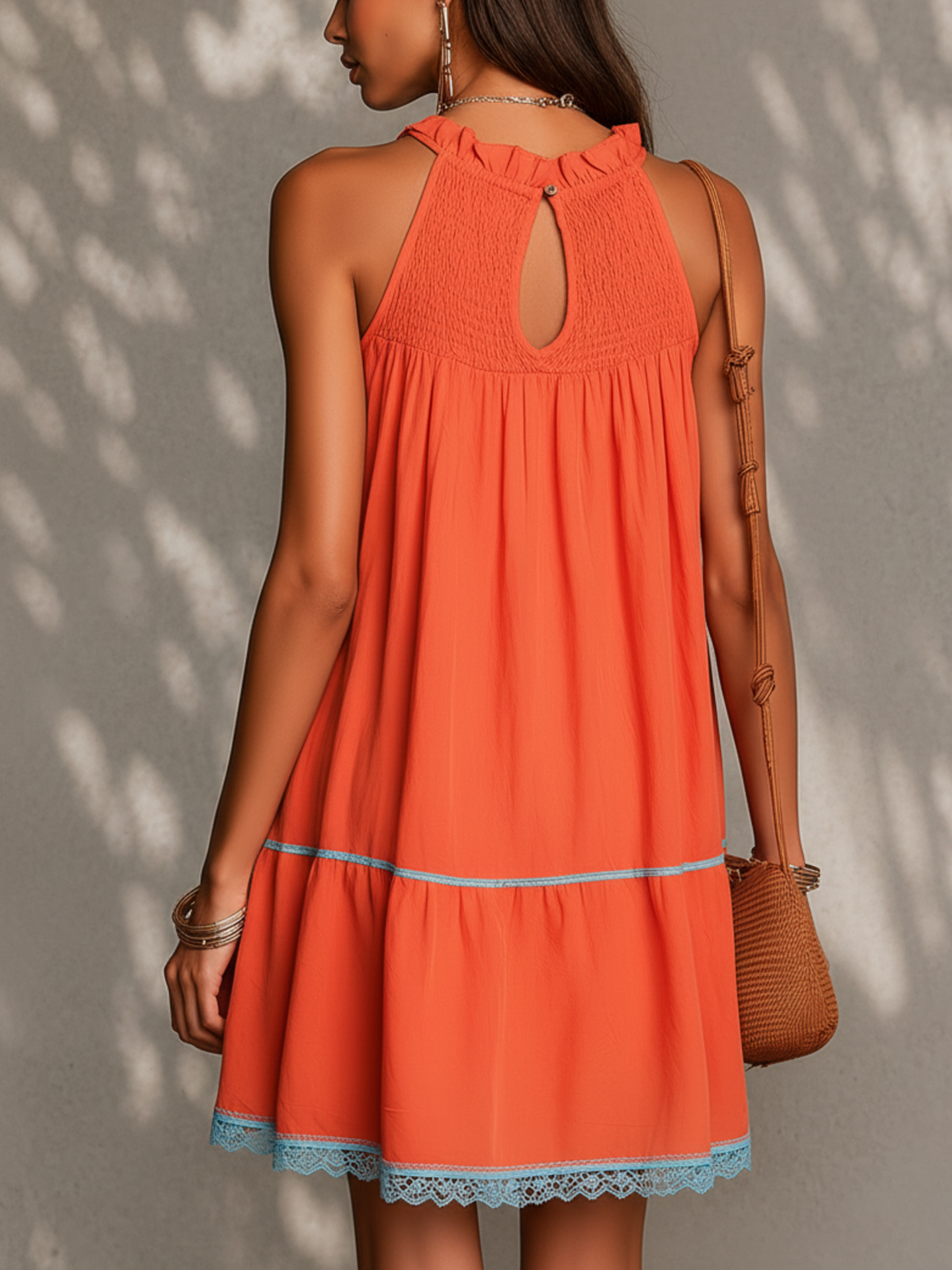 Orange Patchwork Lace Trim Sleeveless Cotton Linen Mini Dress