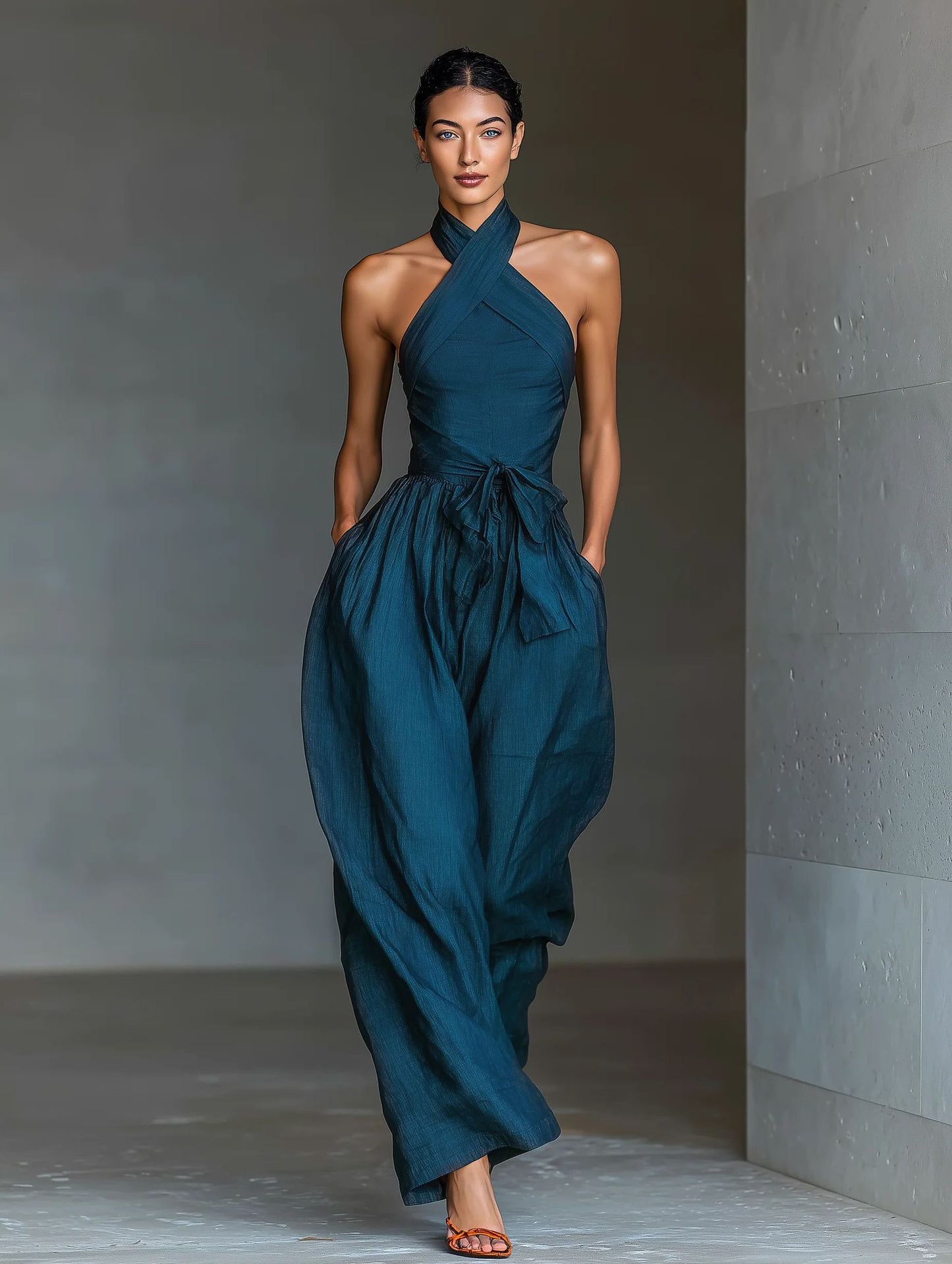 Halter Tie-Waist Linen-Blend Wide Leg Jumpsuit