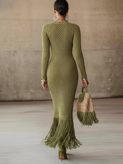 24-Hour-Shipping Olive Green Knit Fringe Hem Bodycon Maxi Dress
