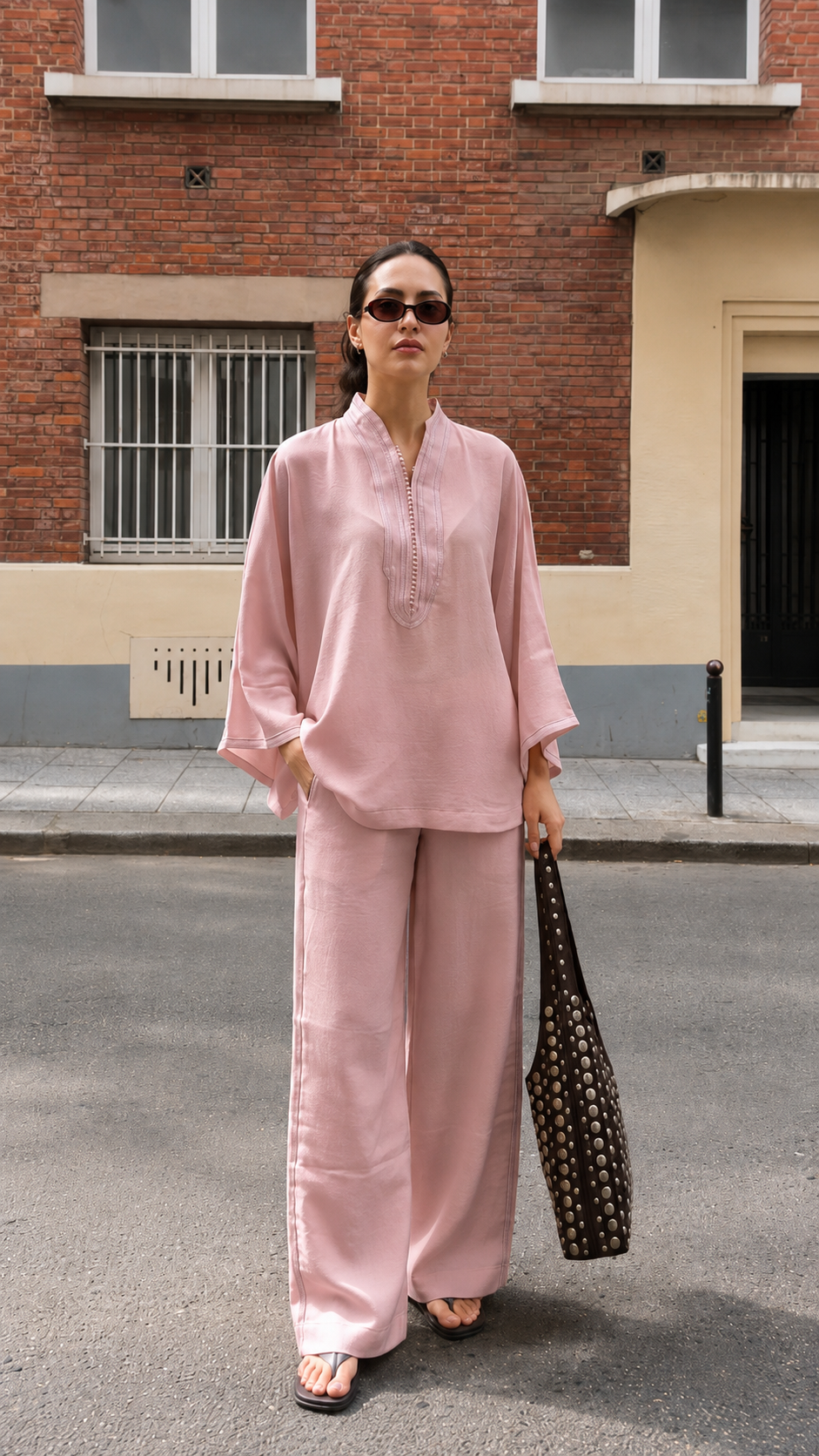 Model wearing a blush pink relaxed tunic and wide-leg pants set with embroidered split neckline