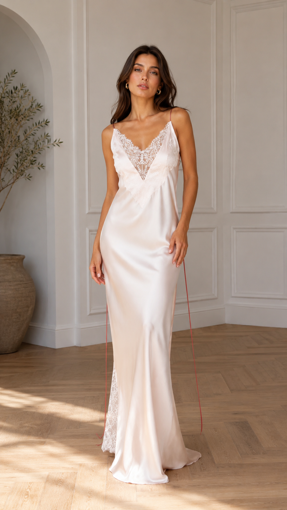 Front view of blush pink lace trim satin slip maxi dress