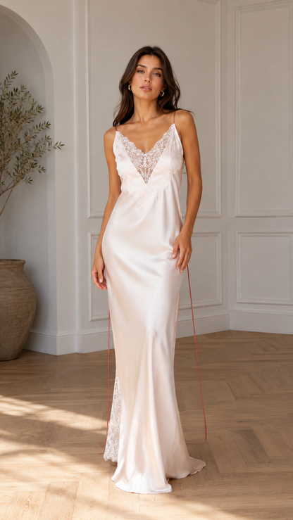 Front view of blush pink lace trim satin slip maxi dress