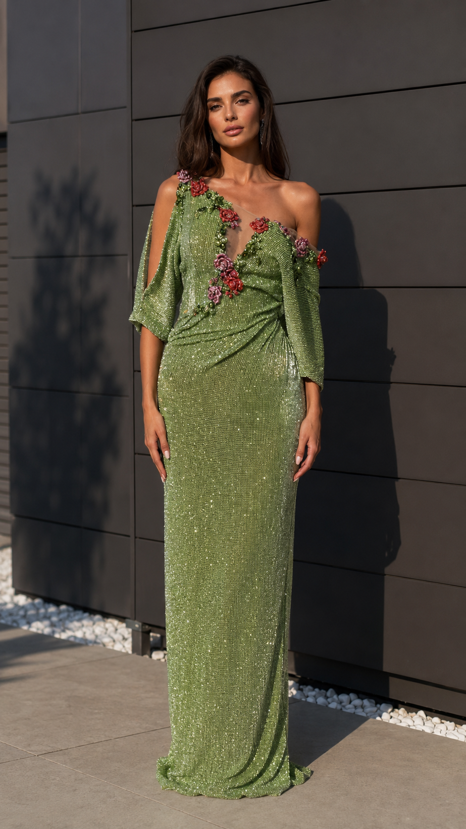 Sage green one-shoulder sequin evening gown with floral appliqué and cold-shoulder sleeve front view
