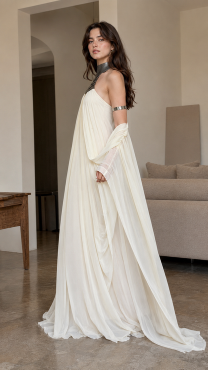 Side view of ivory flowing halter maxi gown with cape-style drape