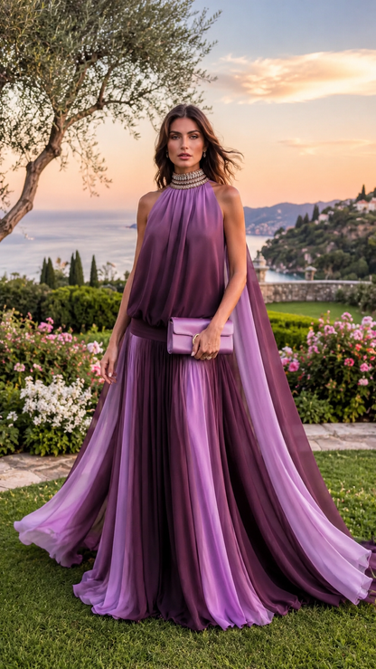 Front view of purple ombre halter evening gown with embellished neckline and pleated floor-length skirt