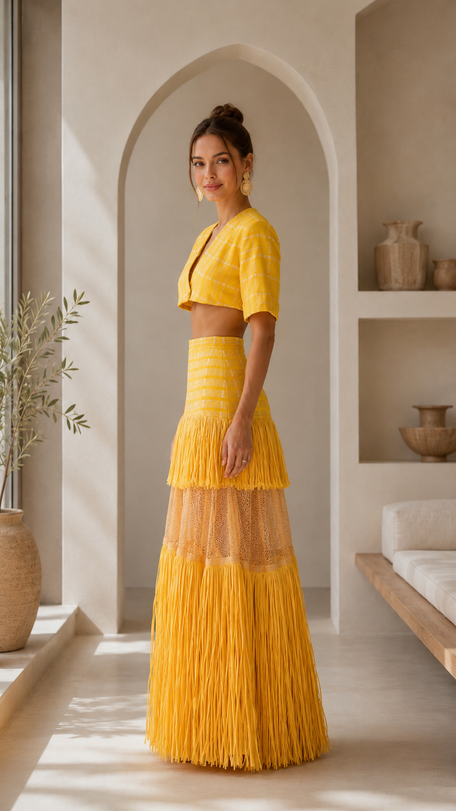 Side view of sunflower yellow cropped top and tiered fringe maxi skirt set