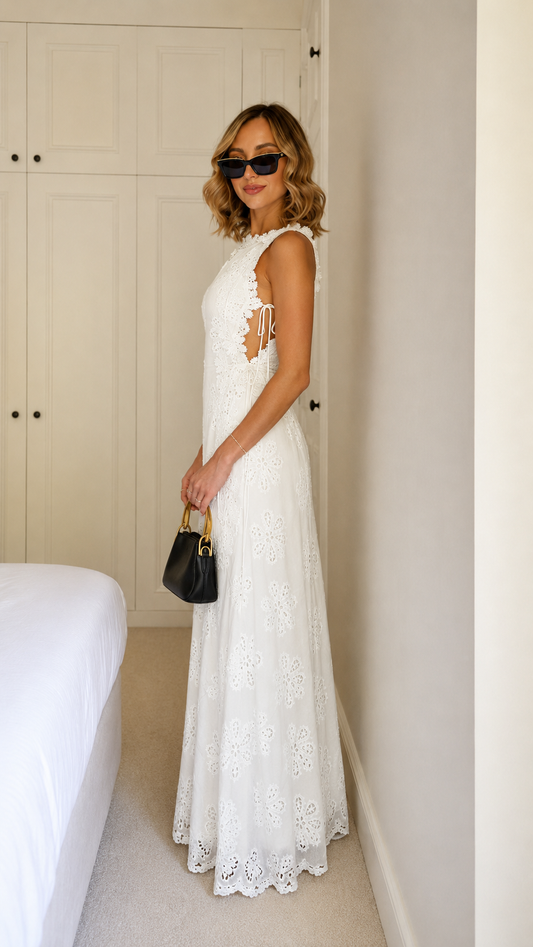 White sleeveless floral lace maxi dress side view with scalloped trim
