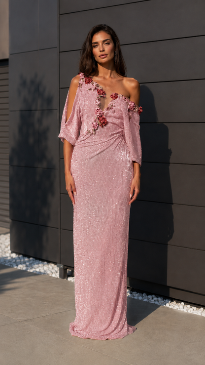 Blush pink one-shoulder sequin evening gown with floral appliqué front view