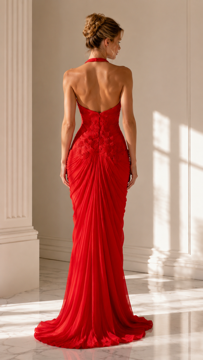 Back view of red open-back halter evening gown with floor-length train