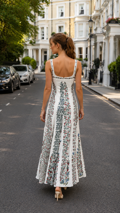 Back view of ivory floral sleeveless maxi dress with open upper back