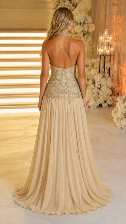 Back view of champagne open-back evening gown with beaded bodice and full-length skirt
