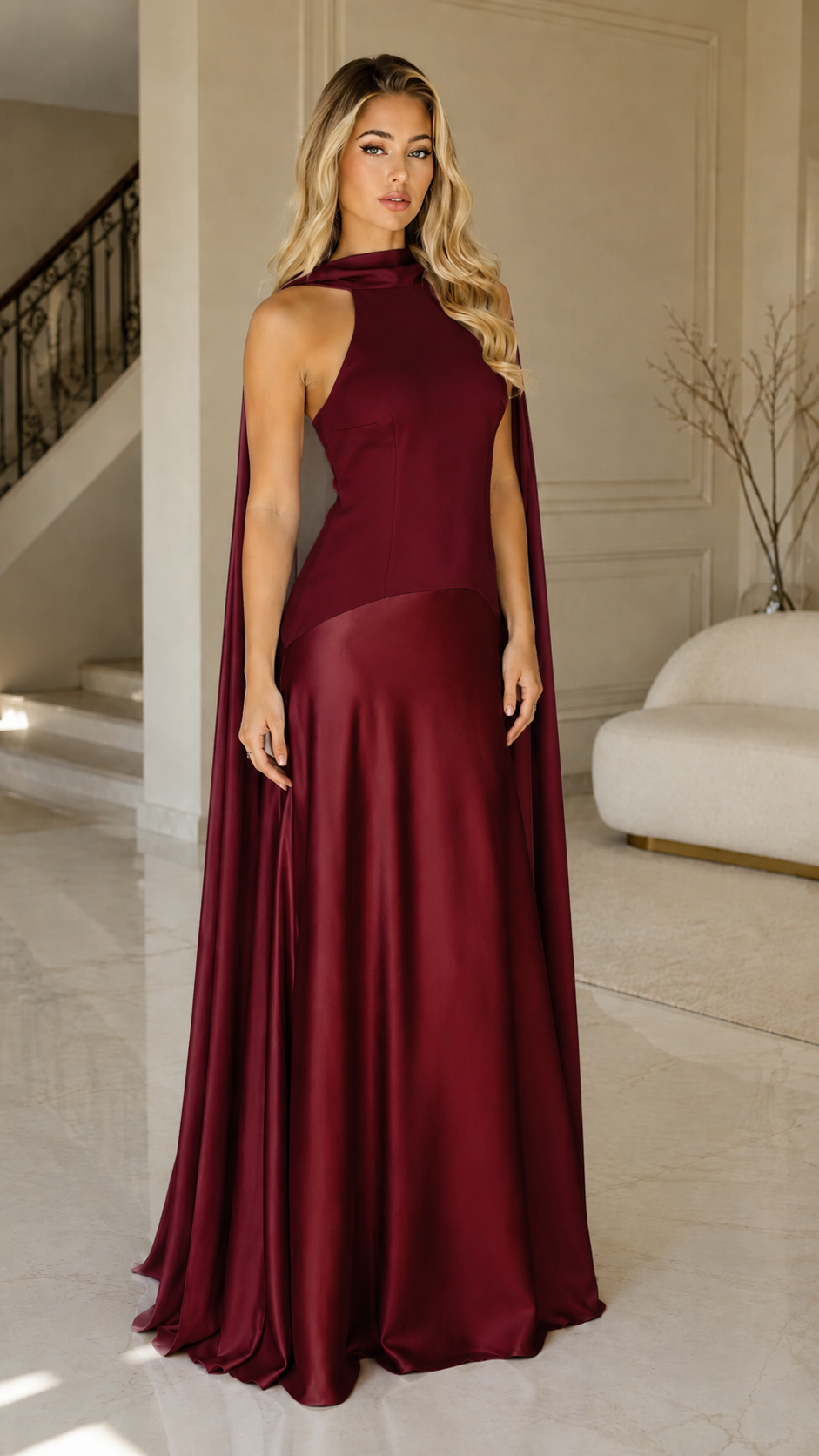 Burgundy sleeveless high neck evening gown with satin-like shine