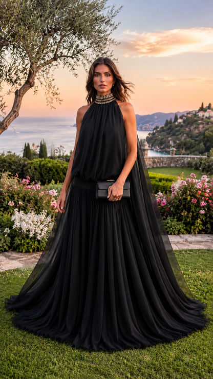 Front view of black halter evening gown with beaded neckline and full pleated maxi skirt