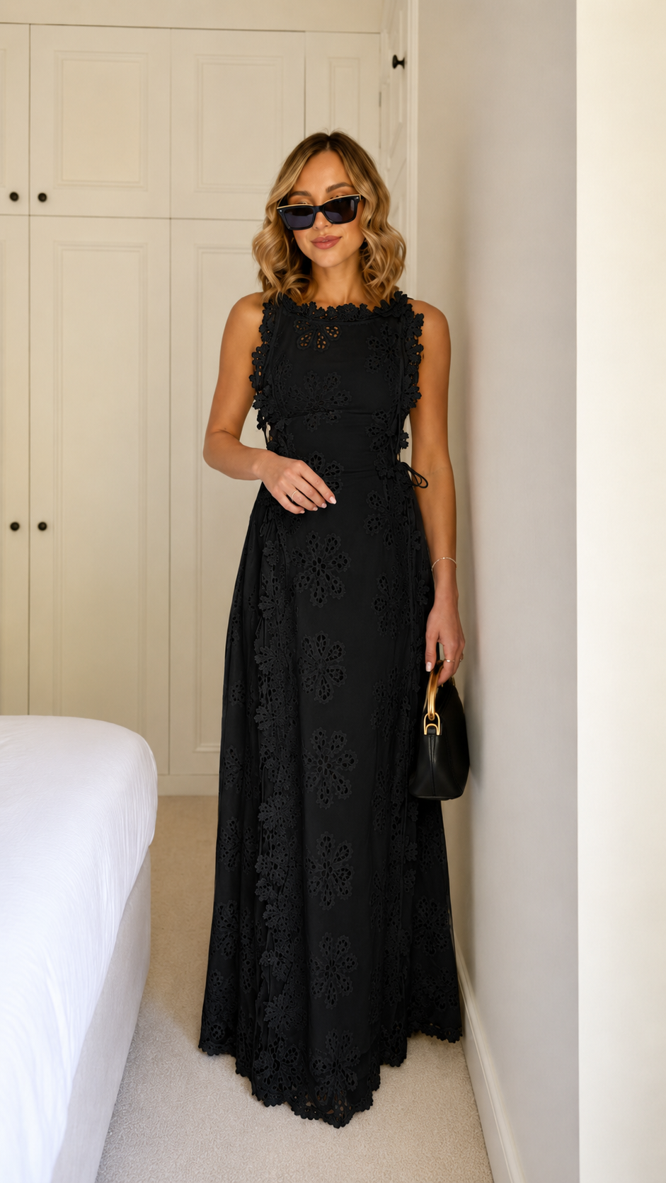 Black sleeveless floral lace maxi dress front view