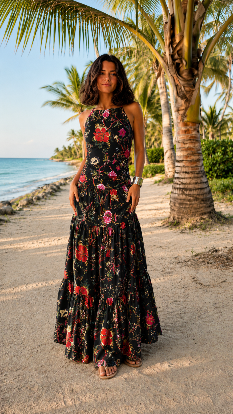 Front view of black floral tiered maxi dress with high neckline
