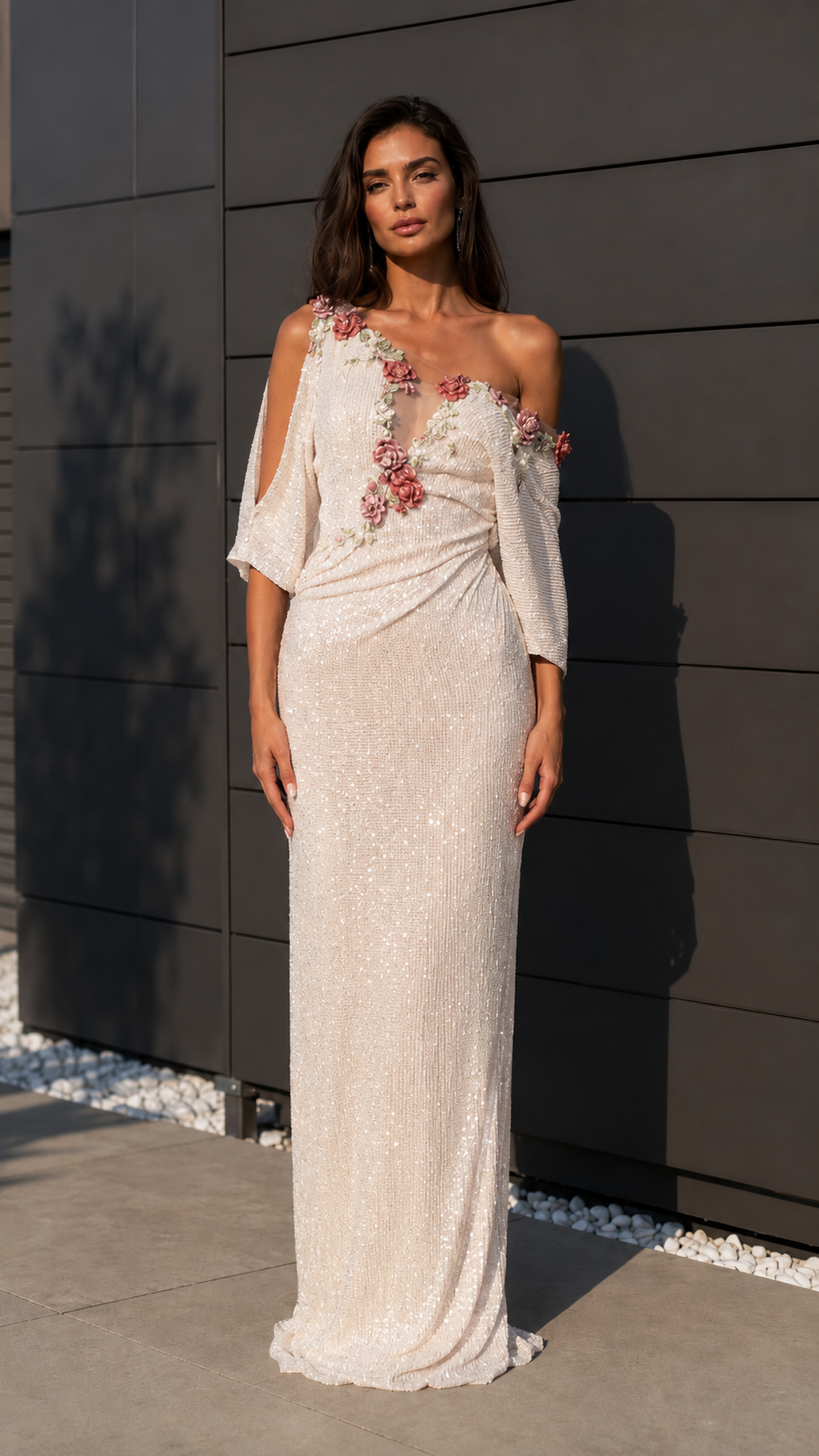 Ivory one-shoulder sequin evening gown with floral appliqué and ruched waist front view