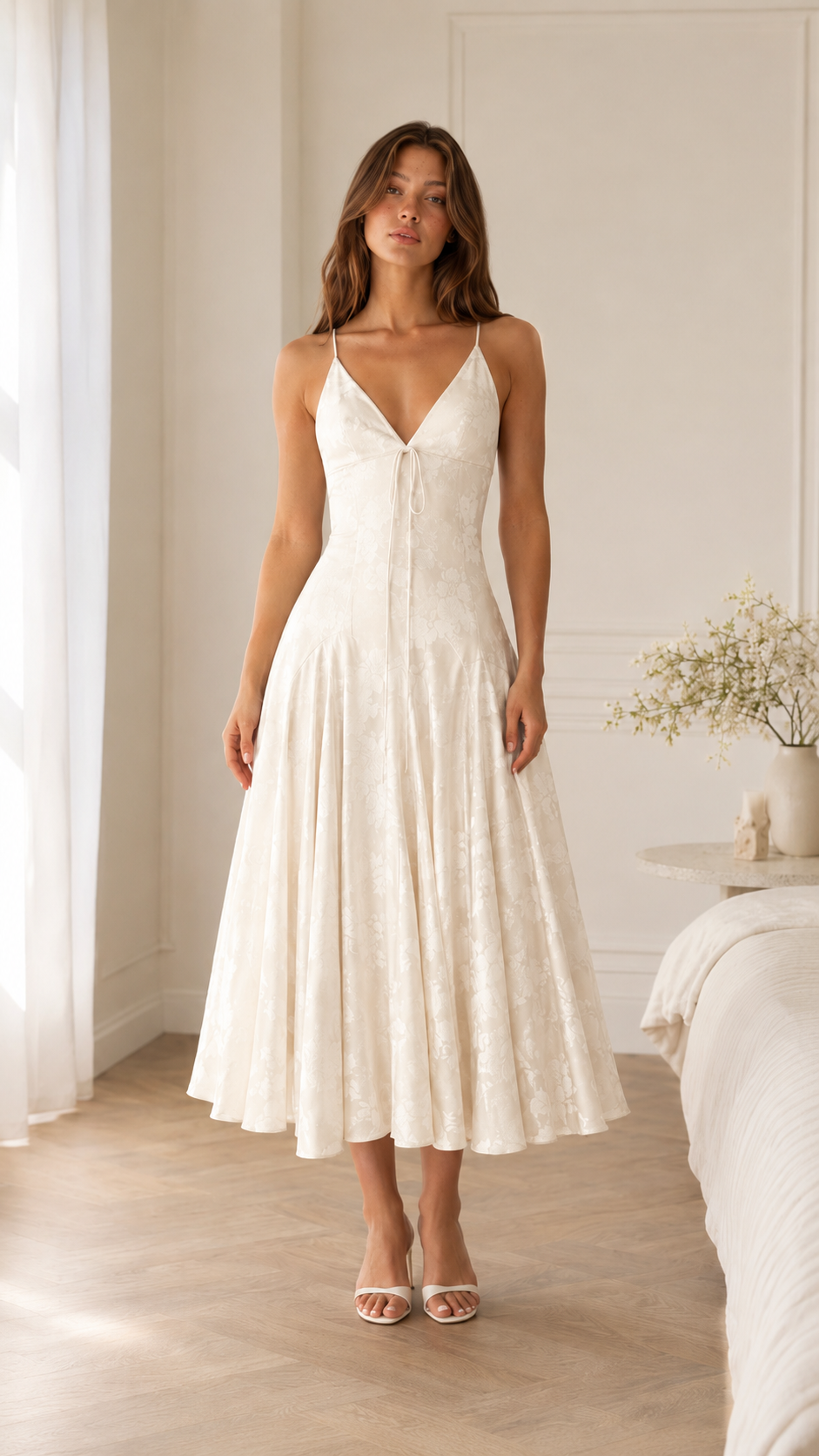 Ivory floral textured midi slip dress front view with slim straps and midi hem