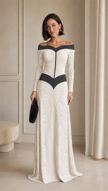 Front view of ivory off-shoulder textured maxi gown with black contrast paneling