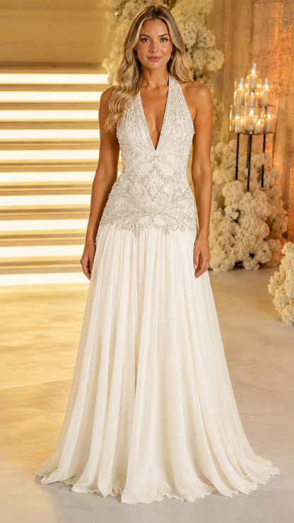 Front view of ivory beaded halter plunge formal gown with floor-length skirt