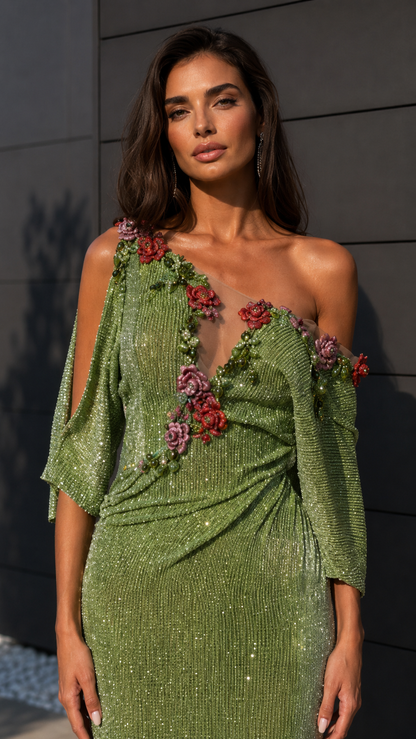 Close-up of sage green gown bodice showing floral appliqué, one-shoulder neckline, and shimmer texture