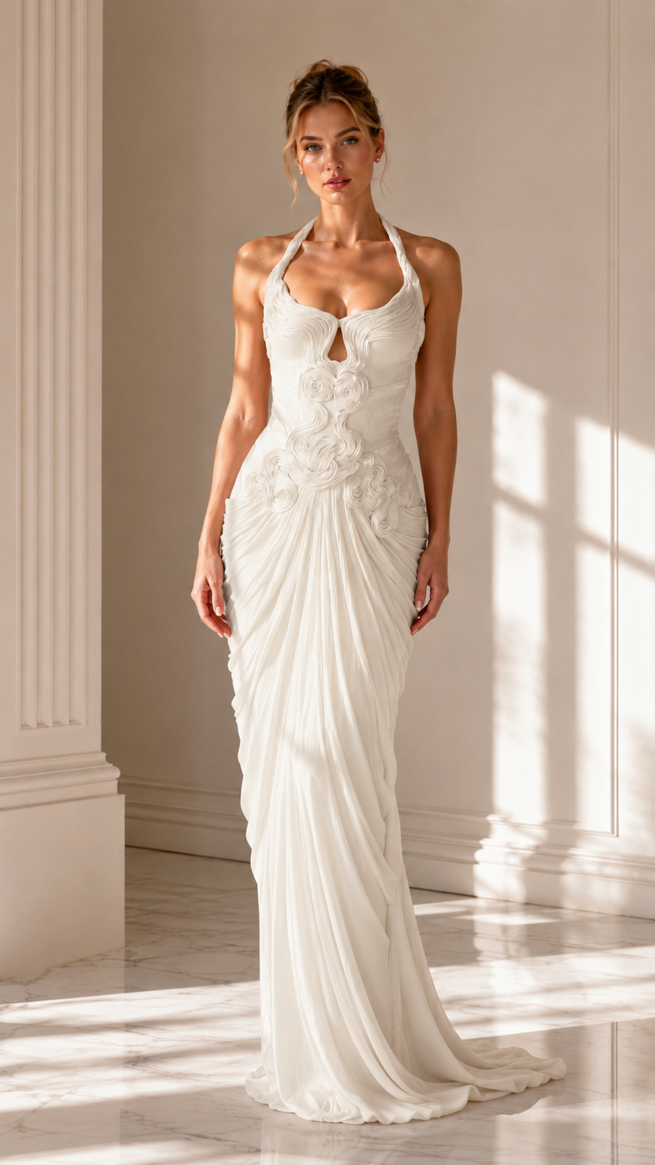 Front view of white halter neck ruched mermaid evening gown