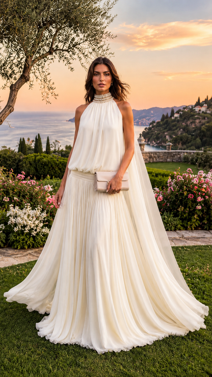 Front view of ivory halter evening gown with embellished neckline and flowing full-length skirt