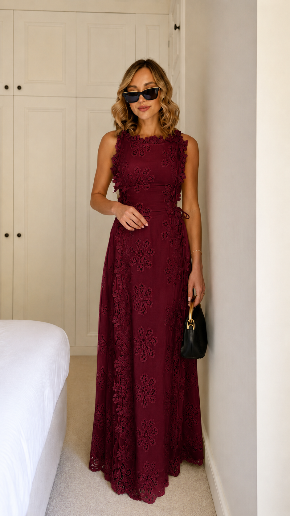 Burgundy sleeveless floral lace maxi dress front view